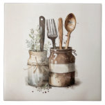 Rustic Kitchen Utensils Watercolors Ceramic Tile<br><div class="desc">Rustic country farmhouse watercolor utensils were used to create this perfect ceramic tile.  Mix and match with other companion tiles to create your own customised look.  Faux stone colour companion tiles are also available to create your pattern.</div>