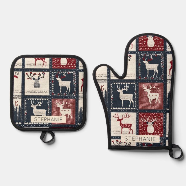 Rustic Knitted Patchwork Pattern | Nordic Oven Mitt & Pot Holder Set (Front)