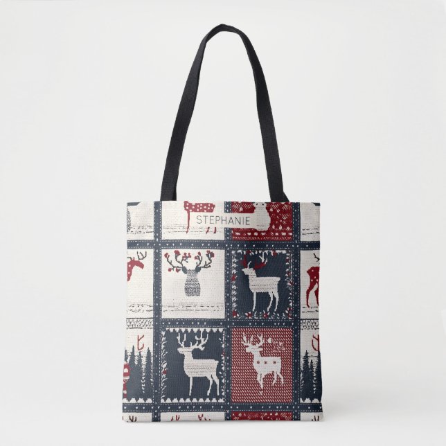 Rustic Knitted Patchwork Pattern | Nordic Tote Bag (Front)