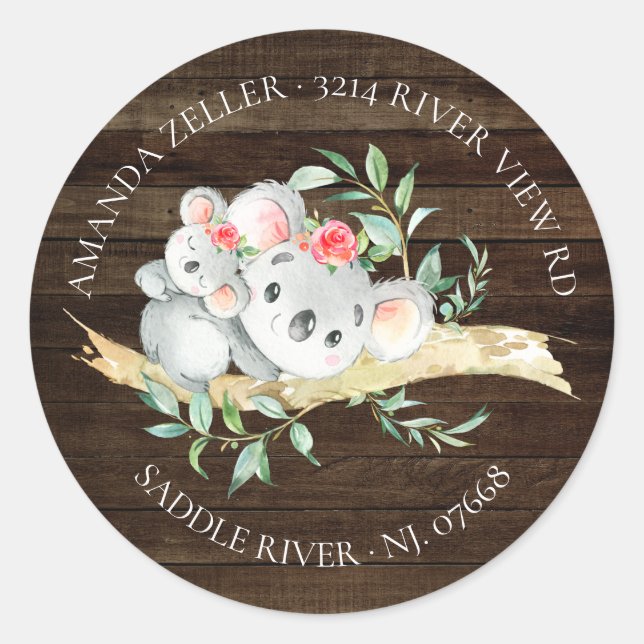 Rustic Koala Bear Baby Shower Return Address Label (Front)
