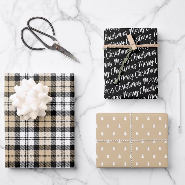 Rustic Kraft and Black Watch Plaid Merry Christmas Wrapping Paper Sheet (Front)