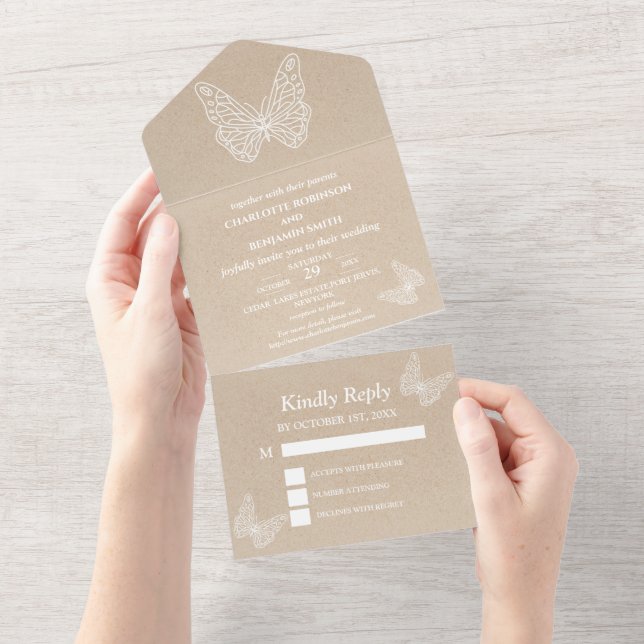 Rustic Kraft And Butterfly Wedding All In One Invitation (Tearaway)