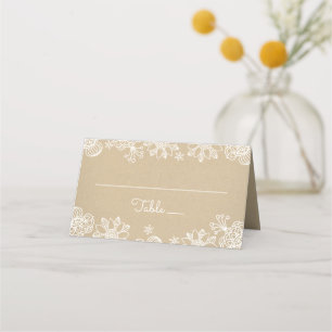 Rustic Kraft and Floral Lace Monogram Wedding Place Card