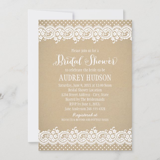 Rustic Kraft and Lace Wedding Bridal Shower Invitation (Front)