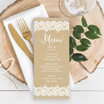 Rustic Kraft and Lace Wedding Dinner Menu<br><div class="desc">Wedding menu cards feature "Menu" in script,  a charming illustrated border design of white floral and dotted lace,  and a background with a rustic kraft brown paper textured appearance.</div>