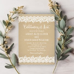Rustic Kraft and Lace Wedding Invitation<br><div class="desc">Wedding invitations feature "Celebration of Love" in script,  a charming illustrated border design of vintage white floral and dotted lace,  and a background with a rustic kraft brown paper textured appearance.</div>