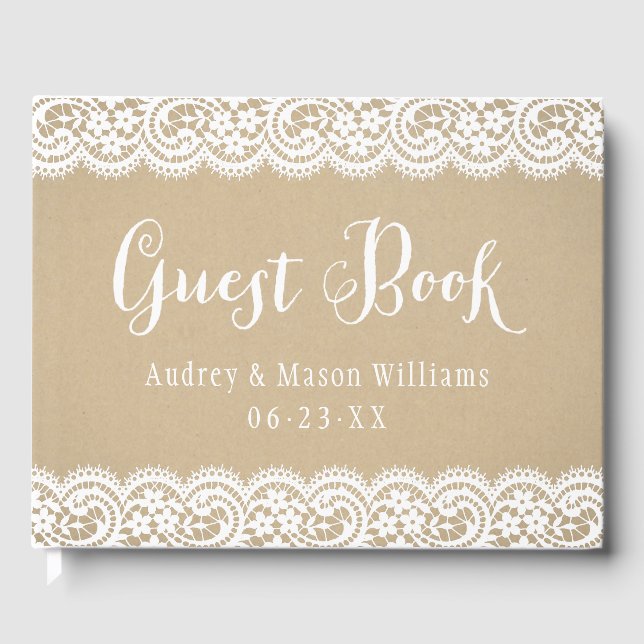 Rustic Kraft and Lace Wedding Monogram Guest Book (Front)