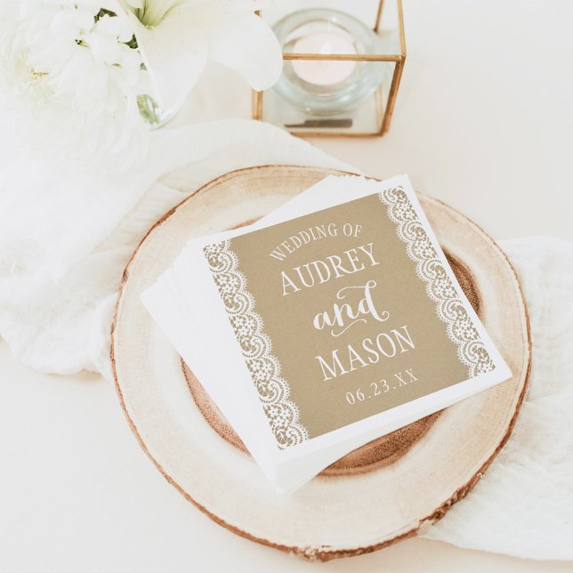 Rustic Kraft and Lace Wedding Monogram Napkin (Creator Uploaded)