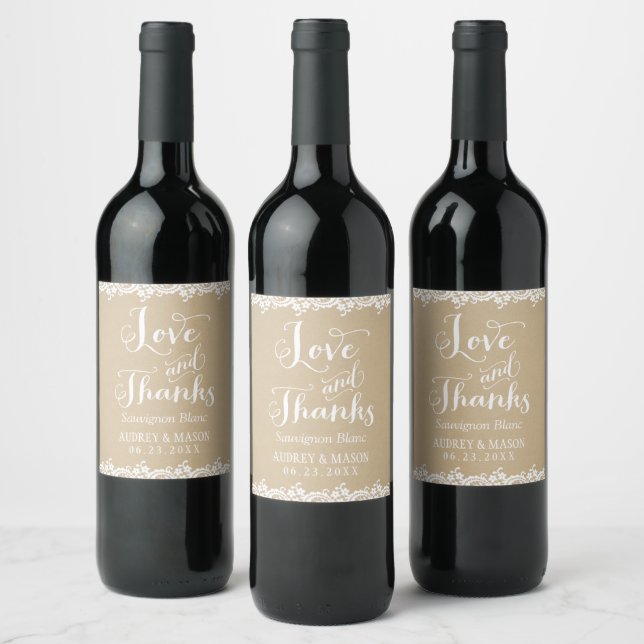 Rustic Kraft and Lace Wedding Wine Label (Bottles)