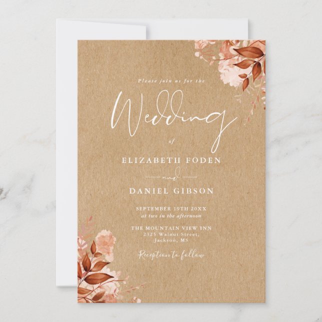 Rustic Kraft Autumn Fall Floral QR Code Wedding Invitation (Front)