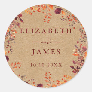 Rustic Kraft Autumn Fall Floral Wedding Classic Round Sticker