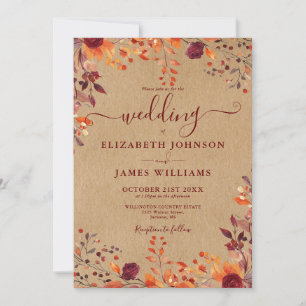 Rustic Kraft Autumn Rustic Floral Leaves Wedding Invitation