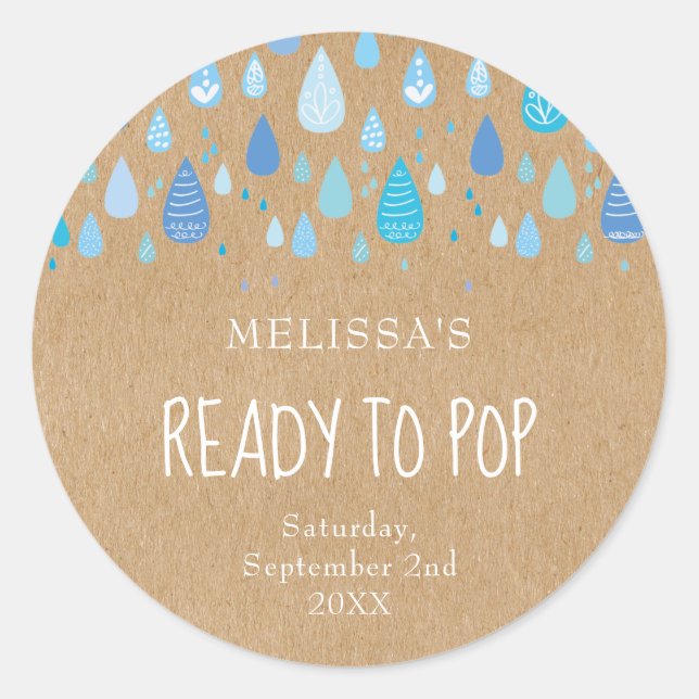 Rustic Kraft Baby Blue Raindrops Ready to Pop Classic Round Sticker (Front)