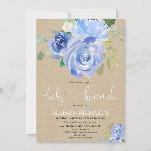 Rustic kraft Baby brunch boy shower blue floral Invitation (Front)