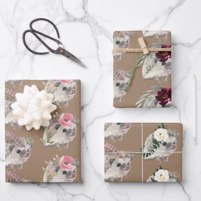 Rustic Kraft Baby Hedgehogs Dressed For A Party Wrapping Paper Sheet (Front)