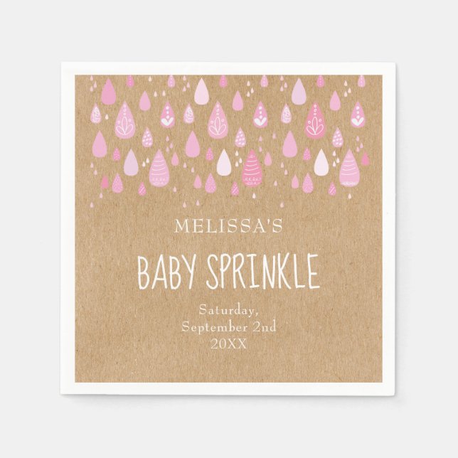 Rustic kraft baby pink raindrops baby sprinkle napkin (Front)