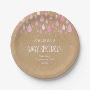 Rustic kraft baby pink raindrops baby sprinkle paper plate