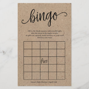 Rustic Kraft Baby Shower Bingo, Paper Game Card