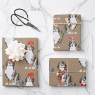 Rustic Kraft Bernese Dogs Dressed For Christmas Wrapping Paper Sheet