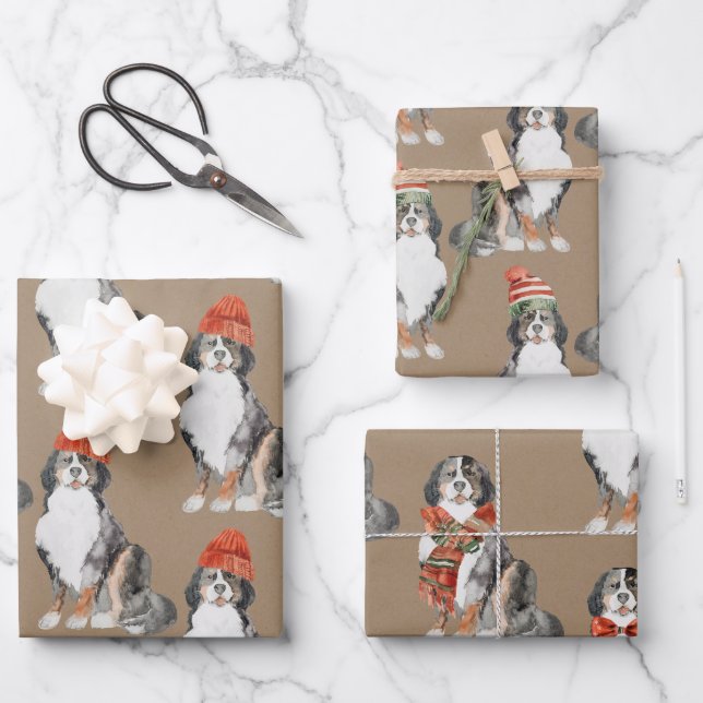 Rustic Kraft Bernese Dogs Dressed For Christmas Wrapping Paper Sheet (Front)