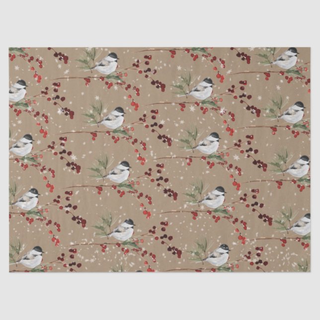 Rustic Kraft Black Cap Chickadee Bird Red Berries Tissue Paper (Front)