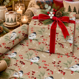 Rustic Kraft Black Cap Chickadee Birds & Berries Wrapping Paper