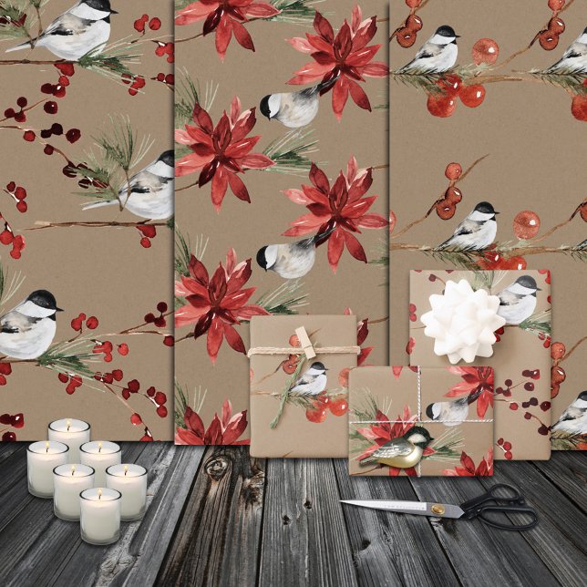 Rustic Kraft Black Cap Chickadee Birds & Berries  Wrapping Paper Sheet (Rustic Kraft Black Cap Chickadee Birds & Berries Christmas Holiday Gift Wrapping Paper Sheets Trio)