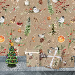 Rustic Kraft Black Cap Chickadee Christmas Party Wrapping Paper Sheet<br><div class="desc">Kraft paper style Christmas wrapping paper for the holidays. Give your gifts a rustic kraft look that features winter themes like forest woodlands, winter animals, birds, spruce trees, holly, berries, winter foliage, gingerbread, cupcakes, dried orange slices, spices and cloves, cookies and peppermint lattes, all painted in beautiful watercolors. This wrapping...</div>