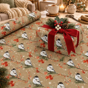 Rustic Kraft Black Cap Chickadees Red Ilex Berries Wrapping Paper