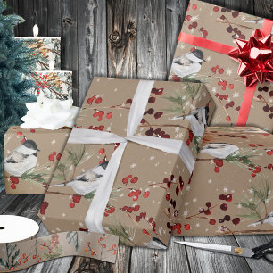 Rustic Kraft Black Cap Chickadees Red Ilex Berries Wrapping Paper