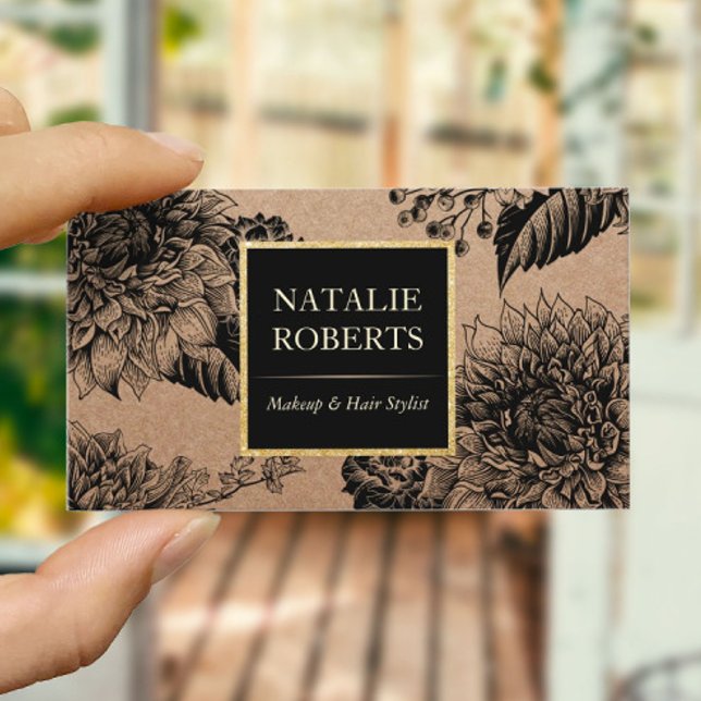 Rustic Kraft Black Floral Makeup Artist Hair Salon Business Card (Creator Uploaded)