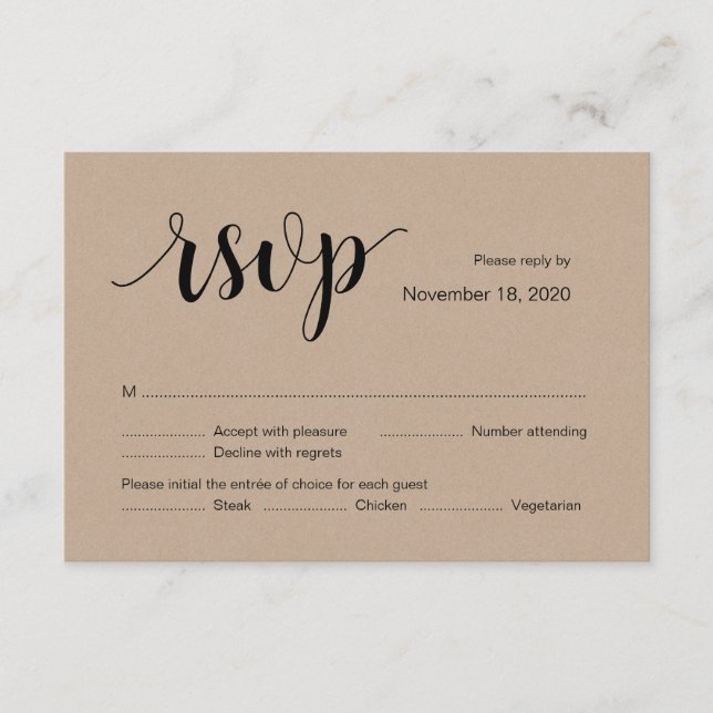 Rustic Kraft, Black font Colour, Wedding RSVP card (Front)