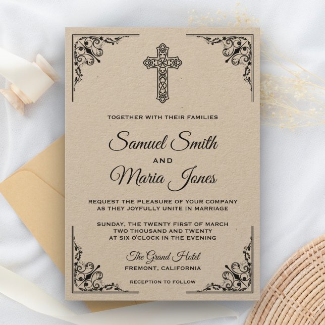 Rustic Kraft Black Ornate Cross Wedding Invitation (Creator Uploaded)