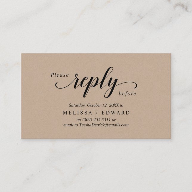 Rustic Kraft, Black Script, RSVP respond Enclosure Card (Front)