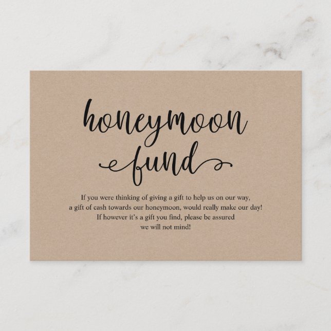 Rustic kraft black script, Wedding Honeymoon Fund Enclosure Card (Front)
