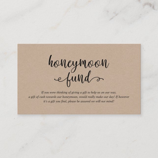 Rustic kraft black script, Wedding Honeymoon Fund Enclosure Card (Front)