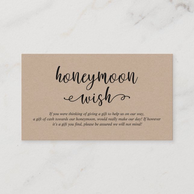 Rustic kraft black script, Wedding Honeymoon Wish Enclosure Card (Front)