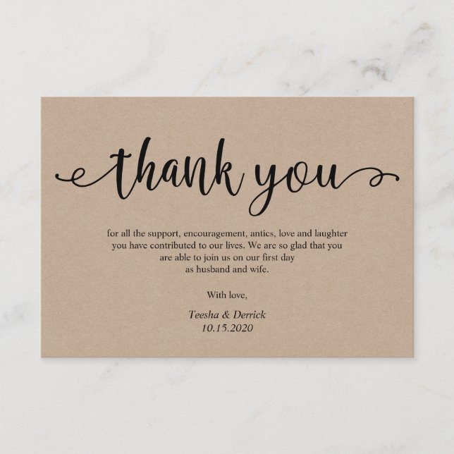 Rustic kraft black script, Wedding Thank you Enclosure Card (Front)