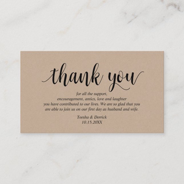 Rustic Kraft, Black Script, Wedding Thank you Enclosure Card (Front)