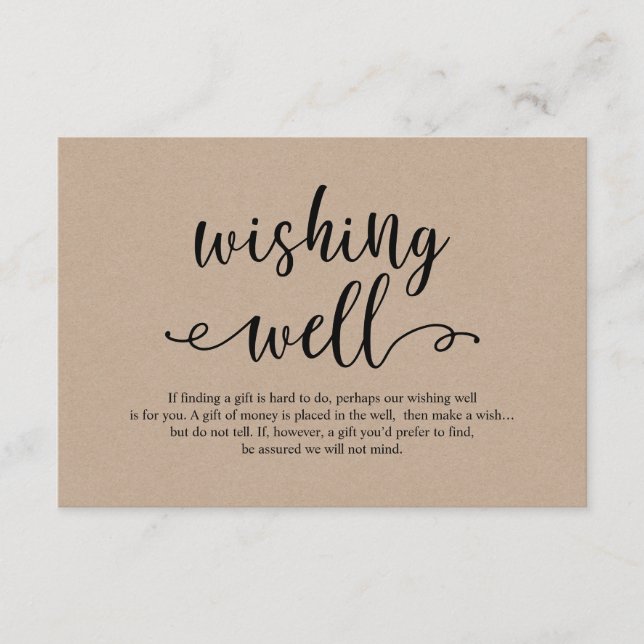 Rustic kraft black script, Wedding Wishing Well Enclosure Card (Front)
