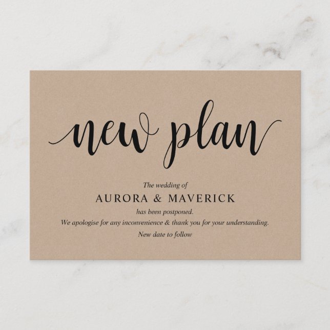 Rustic Kraft, Black, Wedding postpone, Editable Enclosure Card (Front)