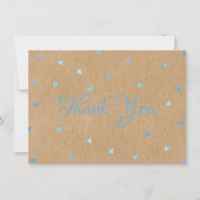 Rustic Kraft Blue Hearts Script Thank You Card (Front)