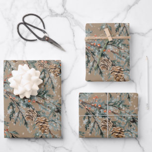 Rustic Kraft Blue Juniper Branch Cones Ilex Berry Wrapping Paper Sheet