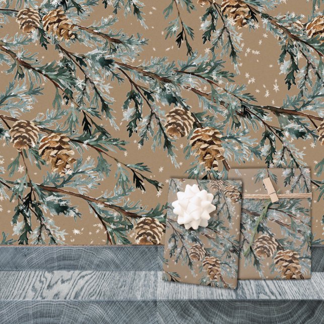 Rustic Kraft Blue Juniper Tree Branches And Cones  Wrapping Paper Sheet (Rustic Kraft Blue Juniper Tree Branches And Cones Wrapping Paper Sheets Trio)