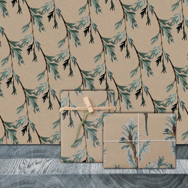 Rustic Kraft Blue Juniper Tree Branches Wrapping Paper Sheet (Rustic Kraft Blue Juniper Tree Branches Winter Greenery Christmas Holiday Wrapping Paper Sheets Trio)