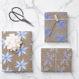 Rustic Kraft Blue Snowflakes Wrapping Paper Sheet