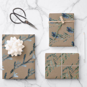 Rustic Kraft Blue Spruce Juniper Branches Berries  Wrapping Paper Sheet