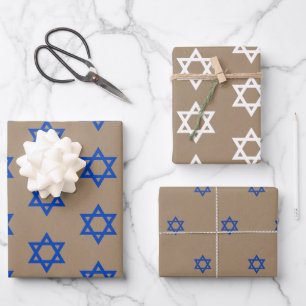 Rustic Kraft Blue & White Star Of David Wrapping Paper Sheet