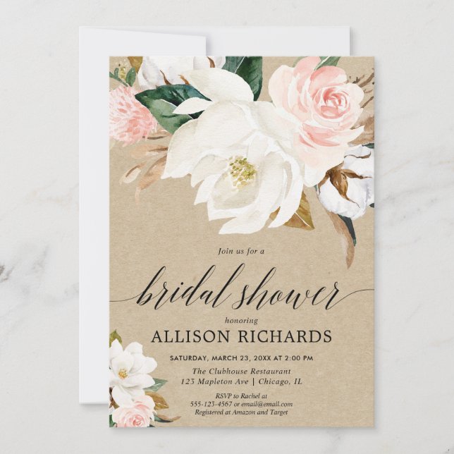 Rustic kraft blush pink magnolia bridal shower invitation (Front)