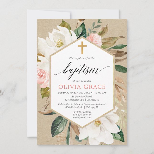 Rustic kraft blush pink white floral girl baptism invitation (Front)
